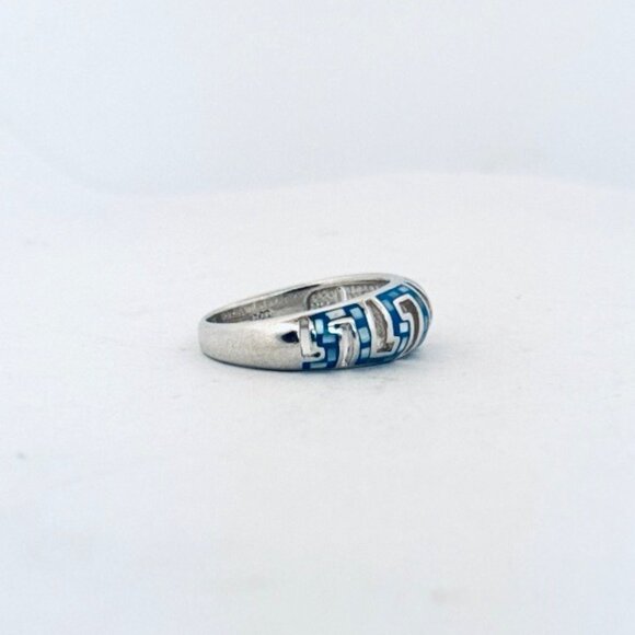 925 Sterling Silver Enamel Band Ring Blue Greek Key Design Size 7.75 - Picture 3 of 11